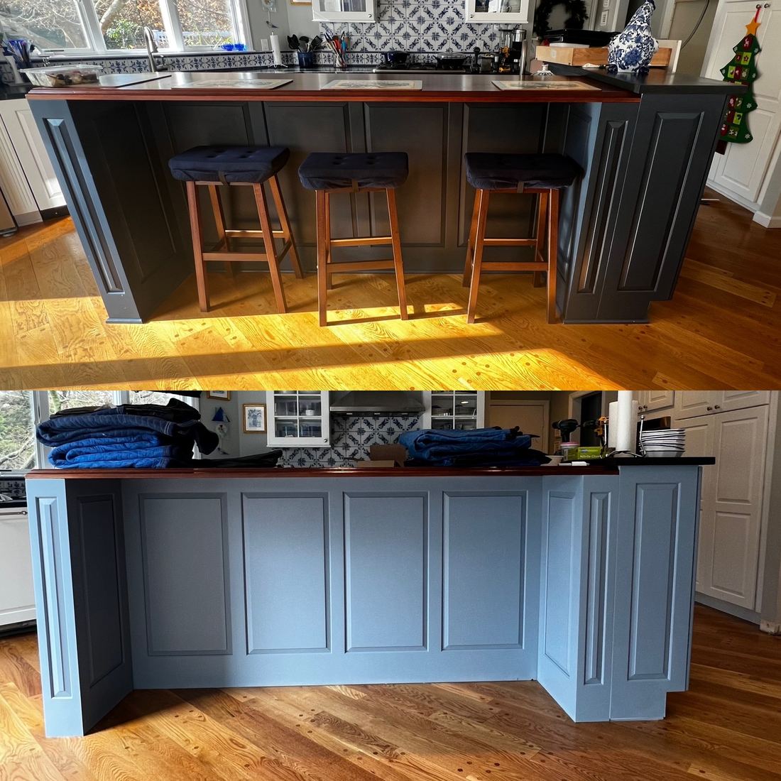 A kitchen island before and after: on top, dark navy with a raised wood bar and three stools; below, the same island painted blue-gray