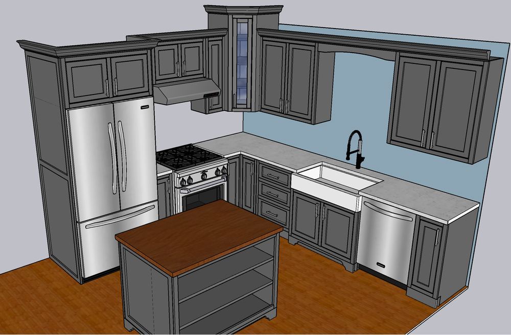 Design drawing of an L-shaped kitchen: a fridge in a tall surround, a range under a hood, a tall glass-front corner cabinet, a drawer stack, an apron-front sink under an arched valance, and an island with a wood top