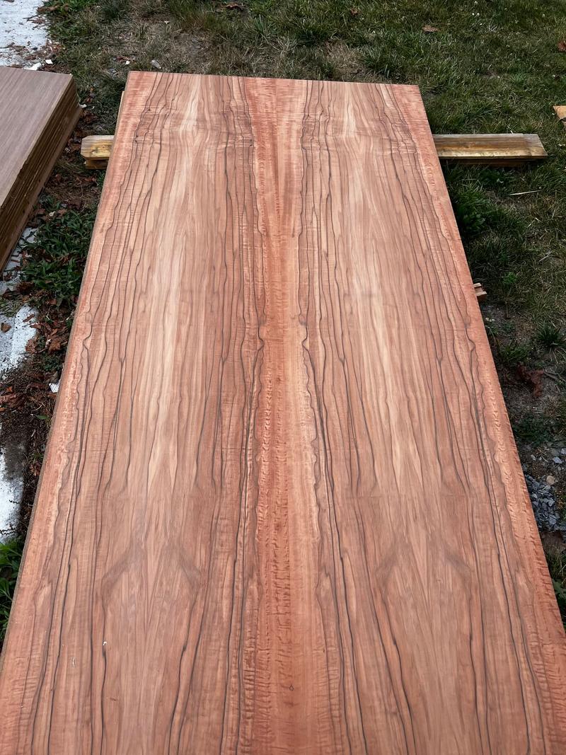 Long wood slab with a striking striped figure, planed flat on sawhorses
